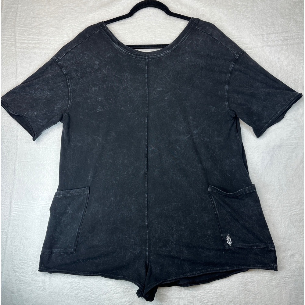 Free People FP Movement Hot Shot Romper Women Small Black Acid Wash Pockets